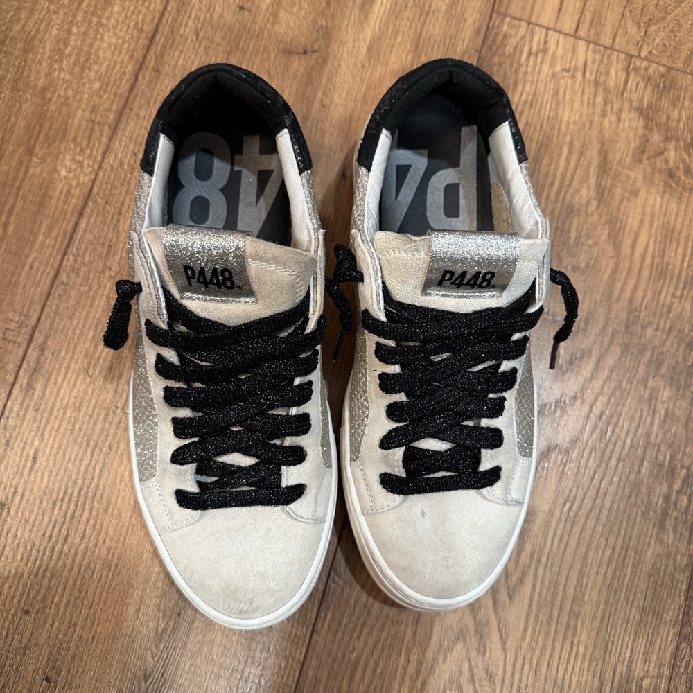 P448 Thea White Leather Mesh Sneakers Sparkles Women's EU Size 39 US Size 8.5 - Picture 2 of 8